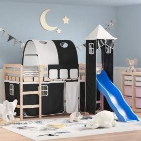 Letto a Soppalco con Torre Bambini Bianco e Nero 90x200cm Pino