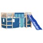 Letto a Soppalco con Tende Bambini Blu 80x200 cm Massello Pino