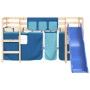 Letto a Soppalco con Tende Bambini Blu 80x200 cm Massello Pino