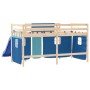 Letto a Soppalco con Tende Bambini Blu 80x200 cm Massello Pino