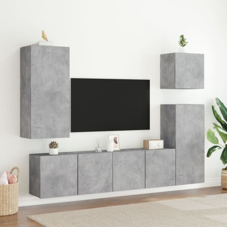 Mobili TV a Muro con LED 5pz Grigio Cemento Legno Multistrato