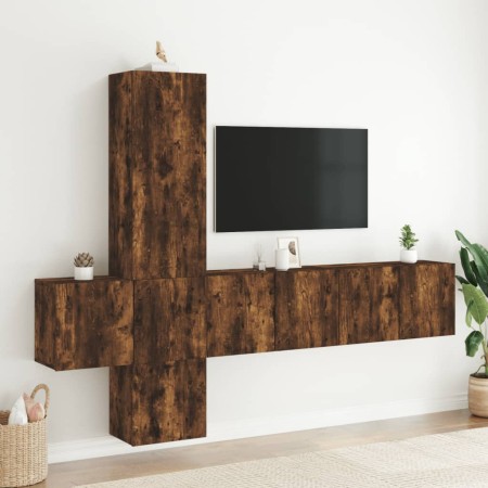 Mobili TV a Muro 5pz Rovere Fumo in Legno Multistrato