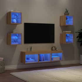 Mobili TV a Muro con LED 7pz Rovere Sonoma Legno Multistrato