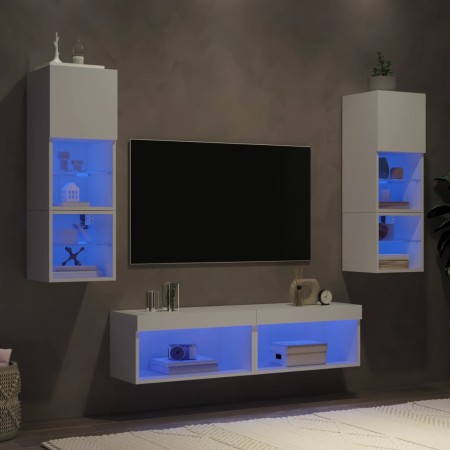 Mobili TV a Muro con LED 6pz Bianchi in Legno Multistrato