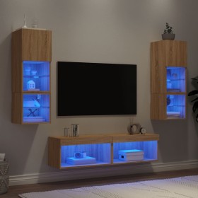 Mobili TV a Muro con LED 6pz Rovere Sonoma Legno Multistrato