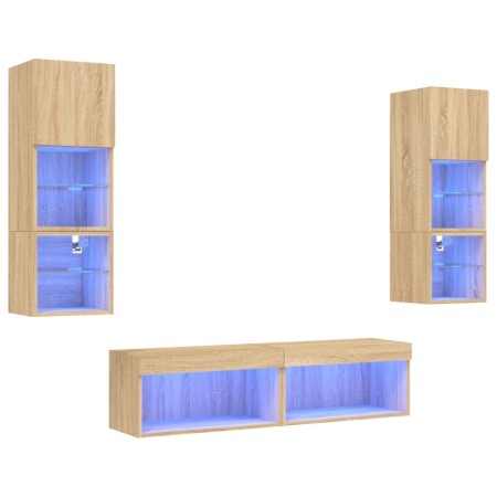 Mobili TV a Muro con LED 6pz Rovere Sonoma Legno Multistrato