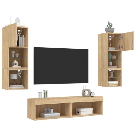 Mobili TV a Muro con LED 6pz Rovere Sonoma Legno Multistrato