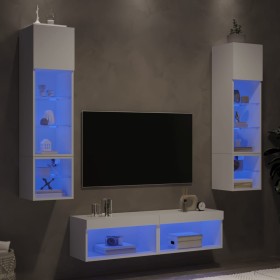 Mobili TV a Muro con LED 6pz Bianchi in Legno Multistrato