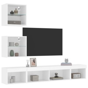 Mobili TV a Muro con LED 5pz Bianchi in Legno Multistrato