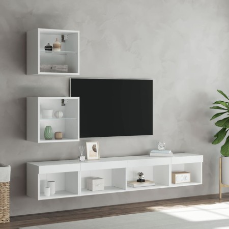 Mobili TV a Muro con LED 5pz Bianchi in Legno Multistrato