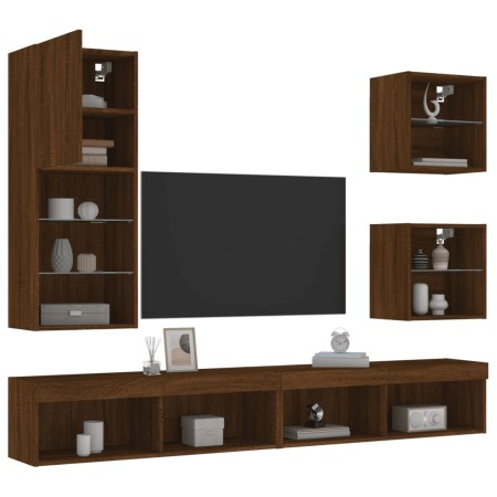 Mobili TV a Muro con LED 5pz Rovere Marrone Legno Multistrato