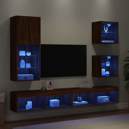 Mobili TV a Muro con LED 5pz Rovere Marrone Legno Multistrato