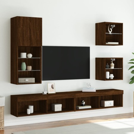 Mobili TV a Muro con LED 5pz Rovere Marrone Legno Multistrato