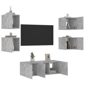 Mobili TV a Muro con LED 6pz Grigio Cemento Legno Multistrato