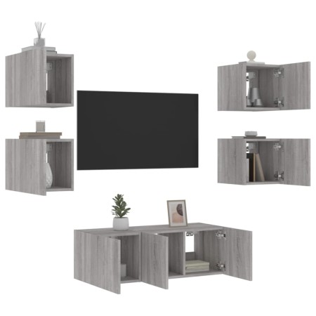 Mobili TV a Muro con LED 6pz Grigio Sonoma Legno Multistrato