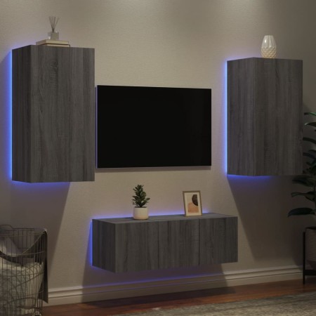 Mobili TV a Muro con LED 4pz Grigio Sonoma in Legno Multistrato