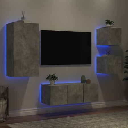 Mobili TV a Muro con LED 5pz Grigio Cemento Legno Multistrato