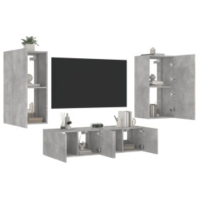 Mobili TV a Muro con LED 4pz Grigio Cemento Legno Multistrato