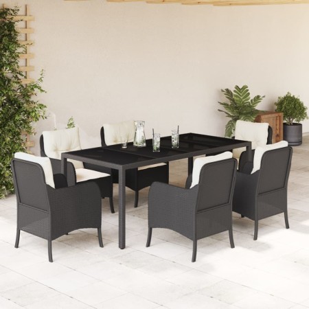 Set da Pranzo da Giardino 7 pz Nero con Cuscini in Polyrattan