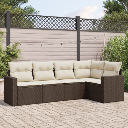 Set Divano da Giardino 5 pz con Cuscini Marrone in Polyrattan