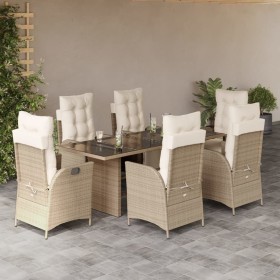 Set da Pranzo da Giardino 7 pz con Cuscini Beige in Polyrattan