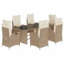 Set da Pranzo da Giardino 7 pz con Cuscini Beige in Polyrattan