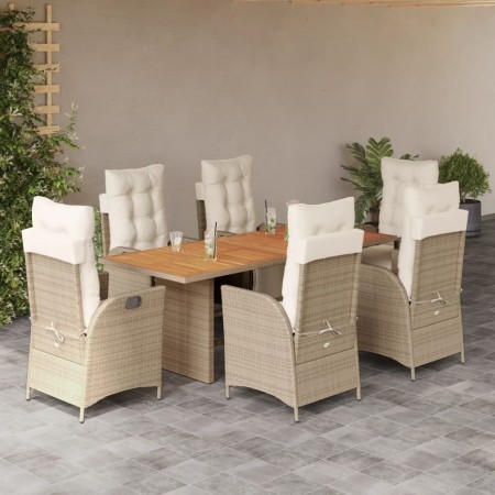 Set da Pranzo da Giardino 7 pz con Cuscini Beige in Polyrattan