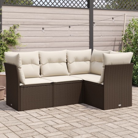 Set Divano da Giardino 4 pz con Cuscini Marrone in Polyrattan