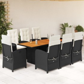 Set da Pranzo da Giardino 9 pz con Cuscini Nero in Polyrattan