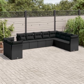 Set Divani da Giardino 10pz con Cuscini in Polyrattan Nero