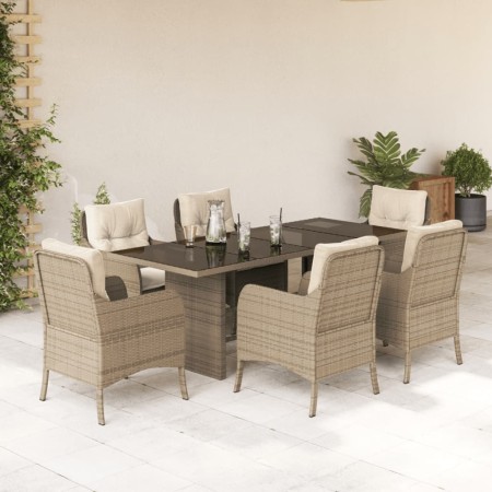 Set da Pranzo da Giardino 7 pz con Cuscini Beige in Polyrattan