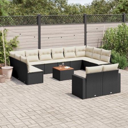 Set Divani da Giardino 13pz con Cuscini Nero in Polyrattan