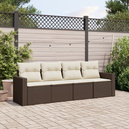 Set Divano da Giardino 4 pz con Cuscini Marrone in Polyrattan