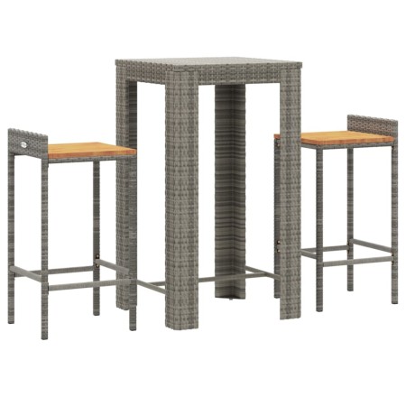 Set Bar Giardino 3pz Grigio Polyrattan e Legno Massello Acacia