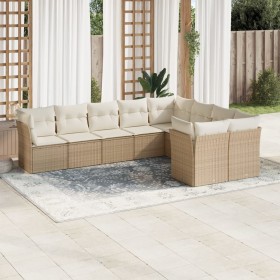 Set Divano da Giardino 9 pz con Cuscini Beige in Polyrattan