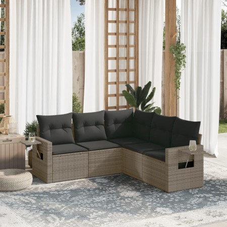 Set Divano da Giardino 5 pz con Cuscini Grigio in Polyrattan