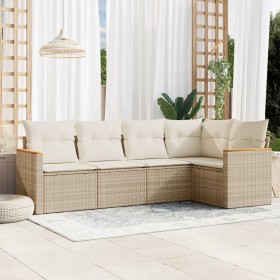 Set Divano da Giardino 5 pz con Cuscini Beige in Polyrattan