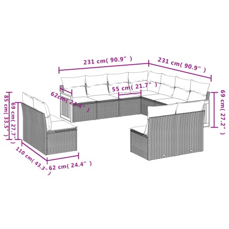 Set Divani da Giardino 11 pz con Cuscini in Polyrattan Nero