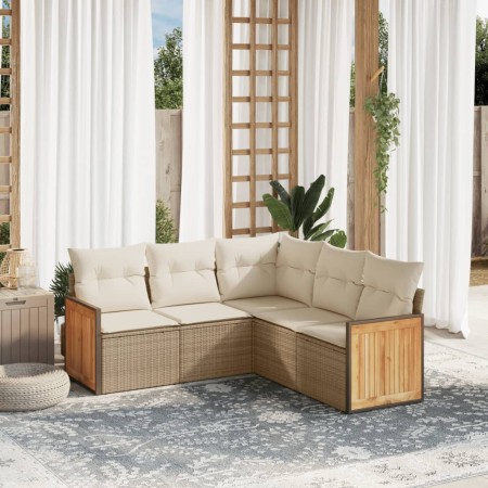 Set Divano da Giardino 5 pz con Cuscini Beige in Polyrattan