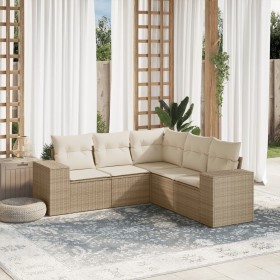 Set Divano da Giardino 5 pz con Cuscini Beige in Polyrattan