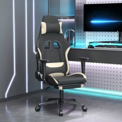 Sedia da Gaming Massaggio e Poggiapiedi Tessuto Nero e Crema