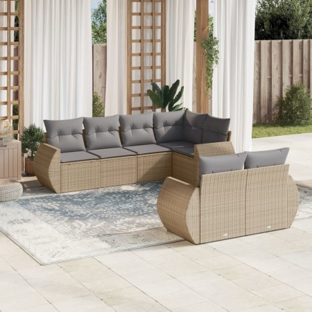 Set Divani da Giardino 7 pz con Cuscini Beige in Polyrattan