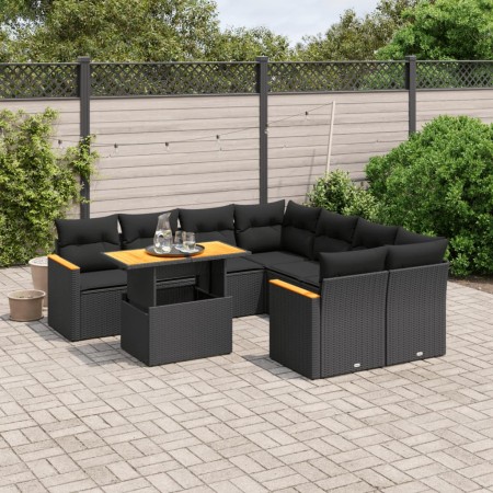 Set Divani da Giardino 9 pz con Cuscini Nero in Polyrattan