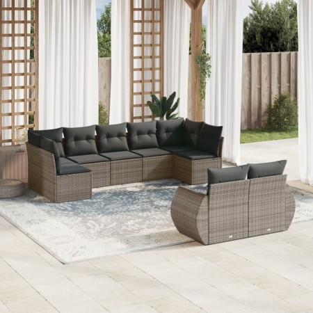 Set Divano da Giardino 9 pz con Cuscini Grigio in Polyrattan