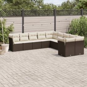 Set Divani da Giardino 10pz con Cuscini in Polyrattan Marrone