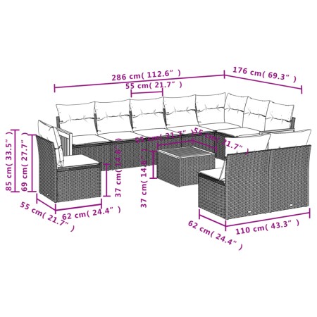 Set Divani da Giardino 11 pz con Cuscini in Polyrattan Nero