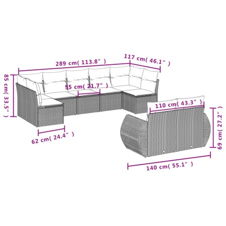 Set Divano da Giardino 9 pz con Cuscini Beige in Polyrattan