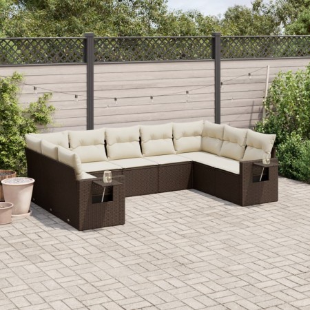 Set Divani da Giardino 9pz con Cuscini Marrone in Polyrattan