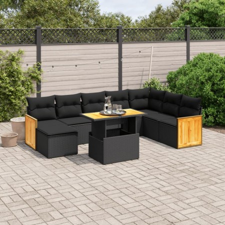 Set Divani da Giardino 9 pz con Cuscini Nero in Polyrattan