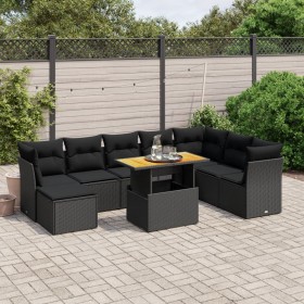 Set Divani da Giardino 9 pz con Cuscini Nero in Polyrattan